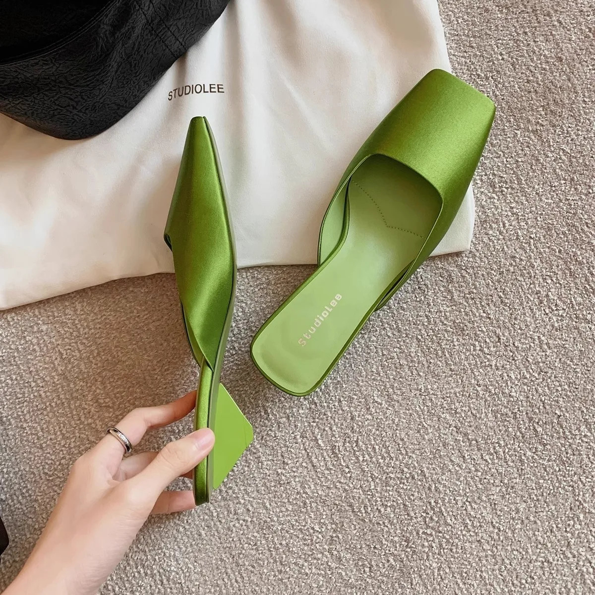 French Ladies Slides Square Toe Temperament High Heels Solid Color Satin Finish Mules Slippers Elegant Triangular Heel Sandals 241010