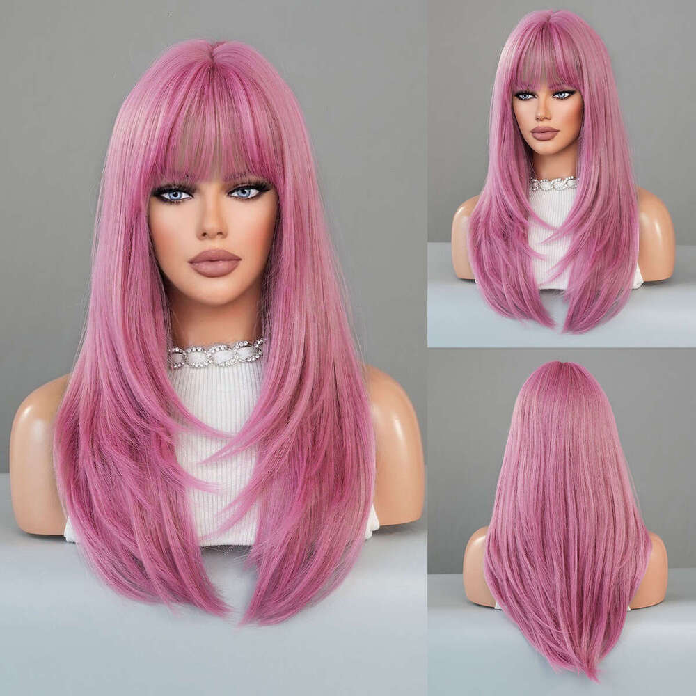 High Level Raspberry Red For Women With Long Hair, Straight Bangs, Dyed Synthetic Headband, And Wig