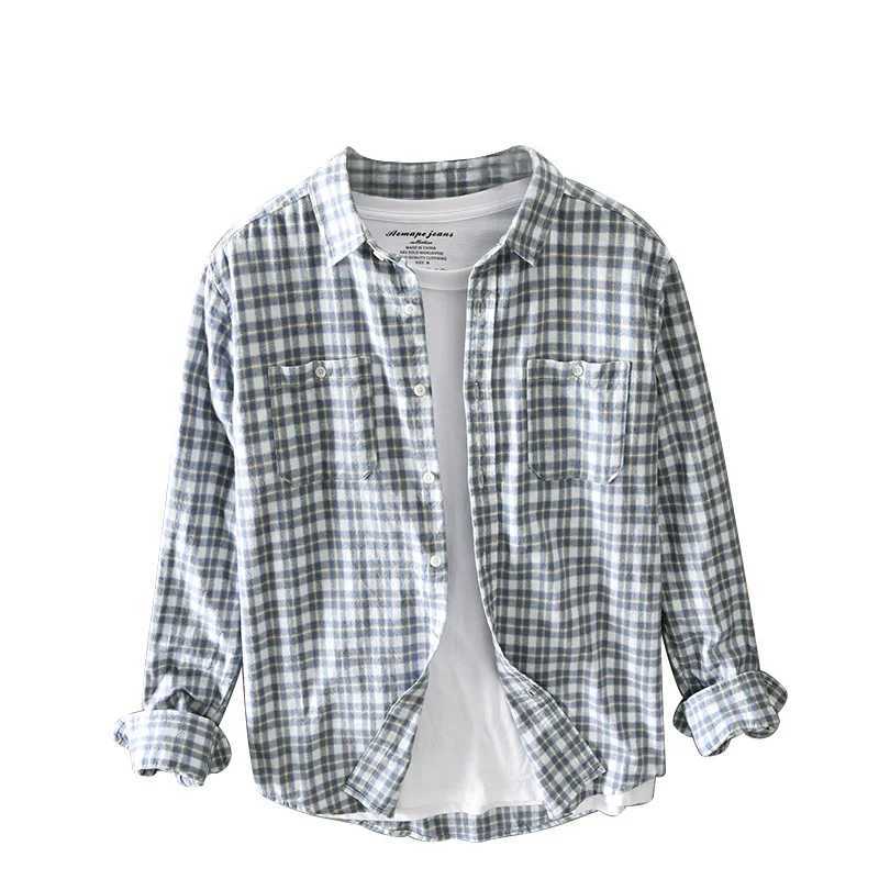 Spring Autumn New Men Shirts Casual Plaid Long Sleeve Cotton Shirt Thick Retro Multi-pocket Blue Workwear GA-G208 LX241017