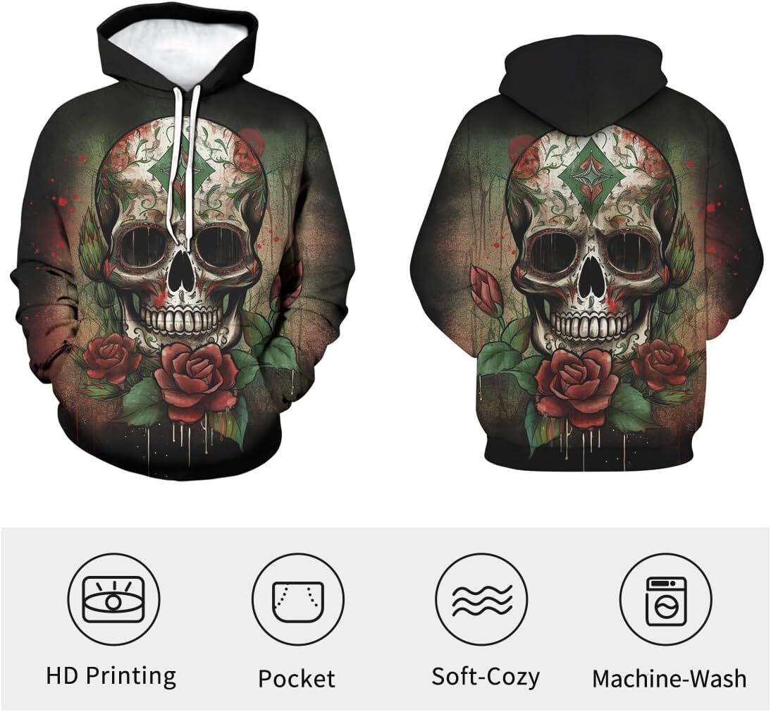 Hoodie for Mens Womens Gothic Colorful Skull Hoodies Rose Skeleton Dark Pattern Hooded Sweatshirts Pullover Graphic Hoodies sweatshirt Fashionable and