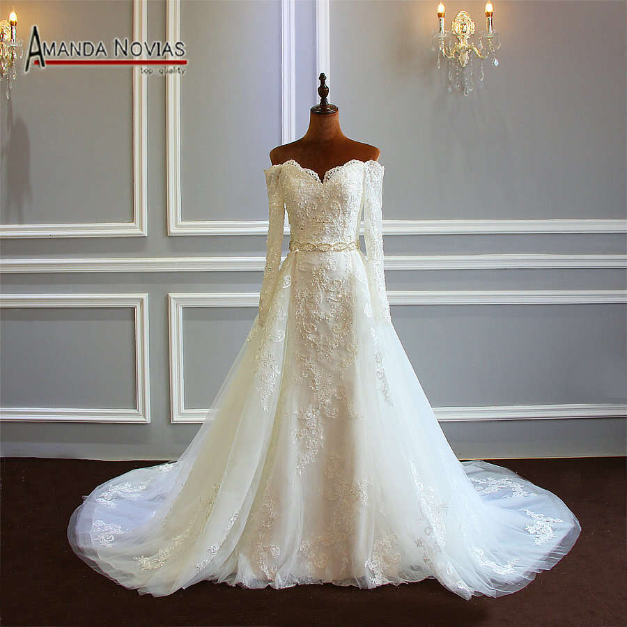 Wedding Gown With Detachable Skirt Full Lace Sleeves Bridal Dress