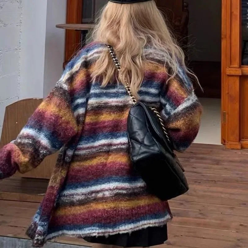 Colorful Cardigan Men Loose O-neck Knitted Single-breasted Sweater Coat Male Arrival Fashion Contrast Color Y2K Couple Top 241017