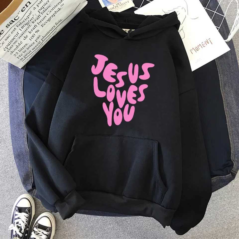 Jesus Loves Me Letter Funny Prints Hoodies Women Autumn Warm Sweatshirt Fleece All-Match Clothes Pocket Oversized HoodyX241016