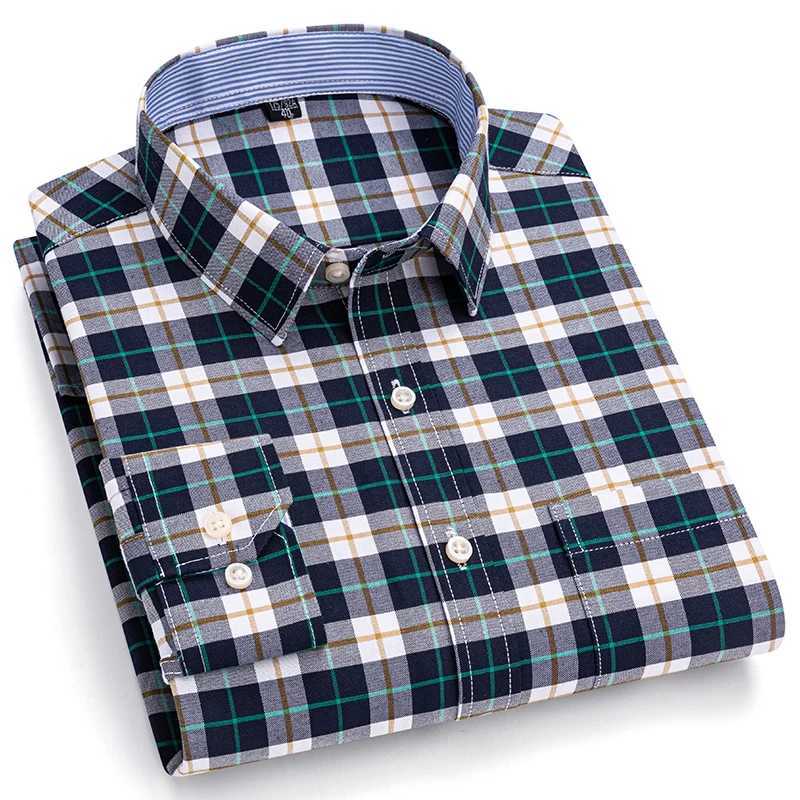 Mens Social Shirts Long Sleeve 100%Pure Cotton Oxford Buttoned Plaid Formal Male Casual Clothes Oversized Shirt Plus Size S-7XL LX241017