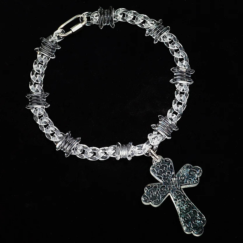 Trendy Acrylic Iridescent Transparent Cross Pendant Necklace for Men Hiphop Brambles Wire Necklaces Fashion Male Jewelry 241009