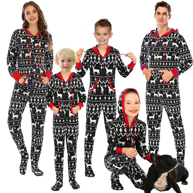 Xmas Look Family Matching Outfits All Over Print Onepiece Romper Pocket Zipper Hooded Jumpsuit Christmas Clothing Set Pyjamas 241017