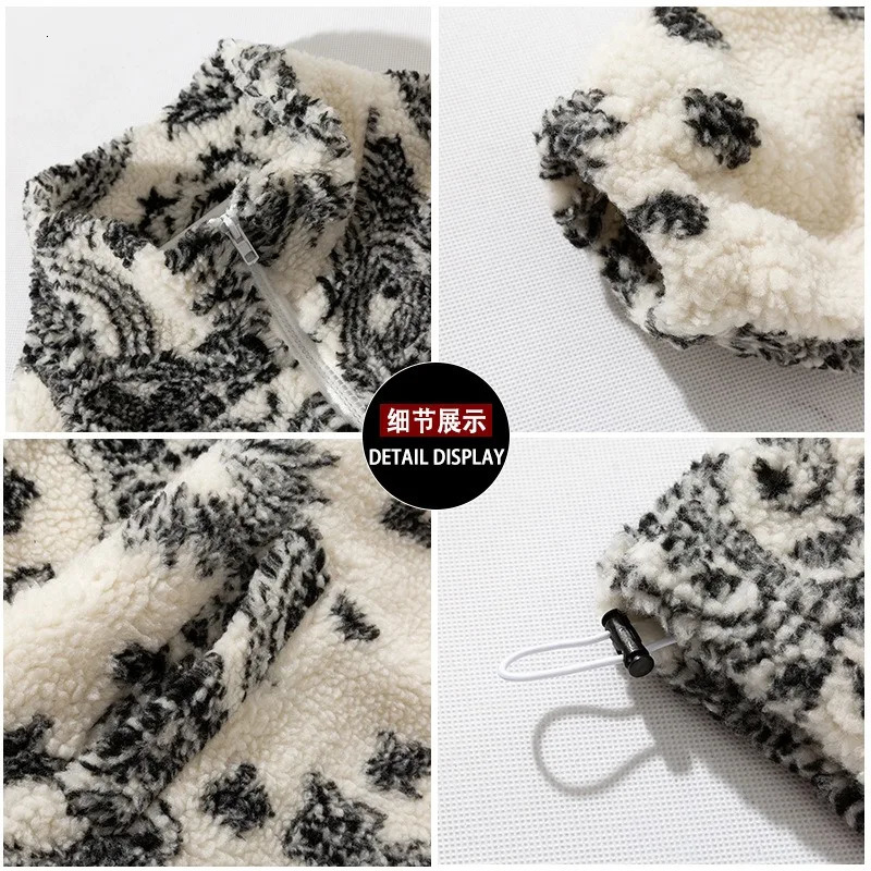 Winter wool jacket mens zipper camouflage open collar casual bandana jacket loose cashmere womens paisley polar jacket Y2k 241009