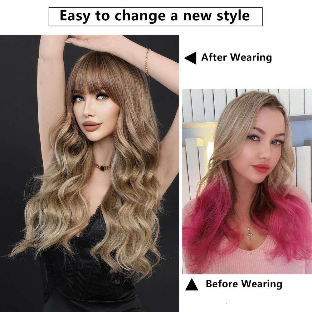 Female Wig With Air Bangs, Long Curly Hair, Hazelnut Beige Wig, Full Head Cover, Brown Wavy Wig