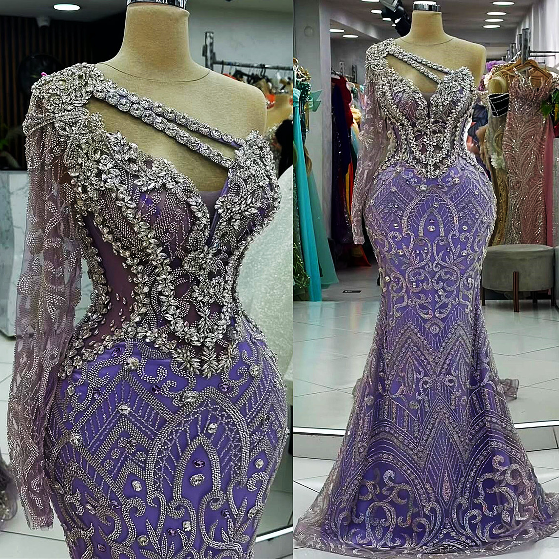 Aso Ebi 2024 Lavender Mermaid Prom Dresses Rhinestones Sequined One Shoulder Evening Formal Party Second Reception Birthday Gowns Dress For Special Oc