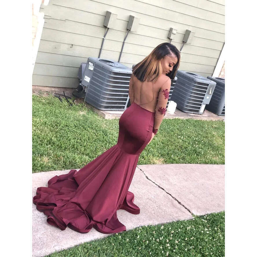 Prom Dresses Mermaid Bury For Black Girls 2019 African Long Sleeves Lace Appliqued Backless Evening Party Gowns Vestidos Bc1245