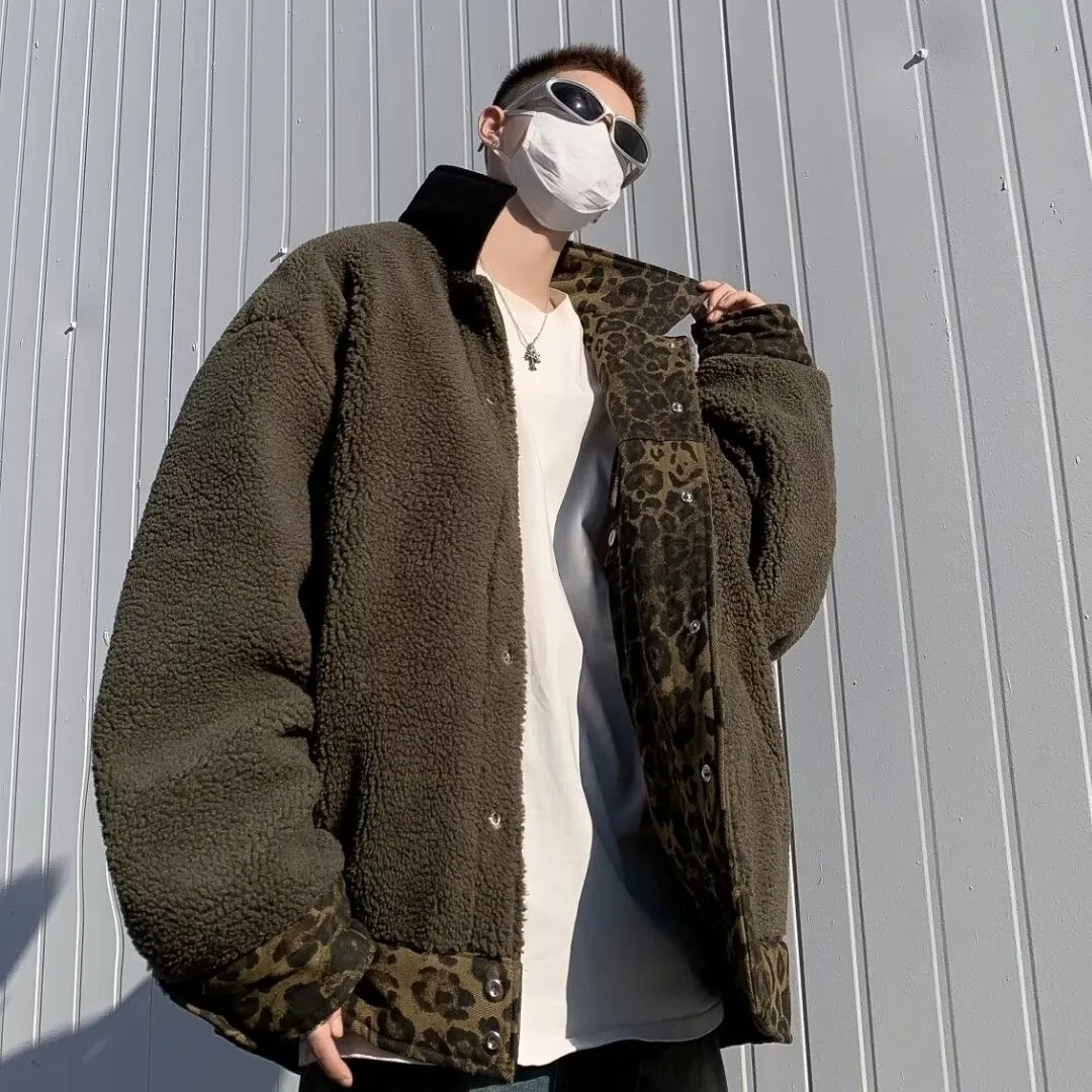 HOUZHOU Leopard Padded Jacket Mens Winter Trendy Double sided Sherpa Coat American Animal Print Warm Park Hip Hop 241008