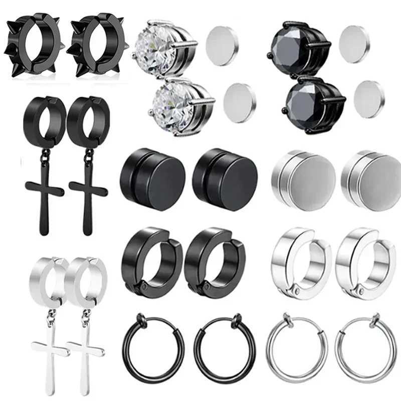 Non perforated earrings non perforated classic fake hoop earrings punk non perforated hip-hop black stud earrings clip jewelry W241017