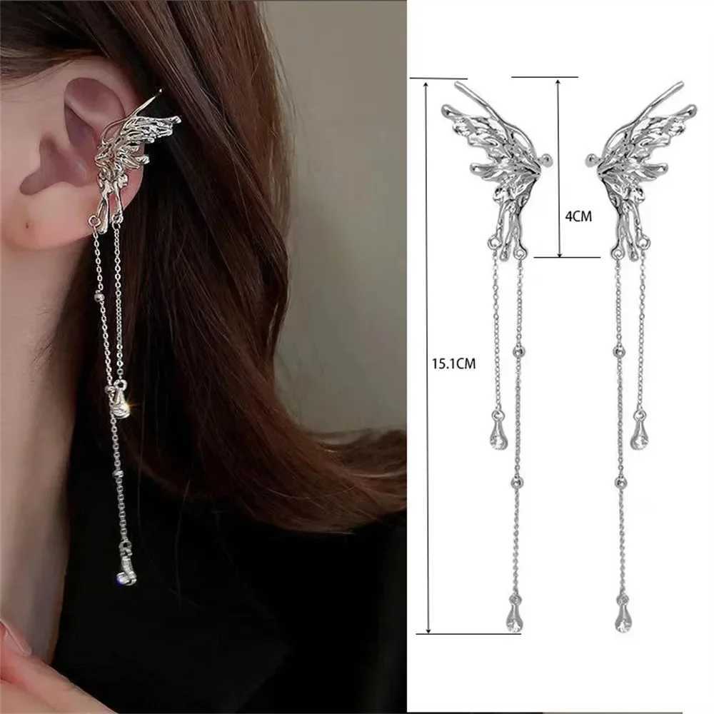 Kpop silver earrings fairy angel wings butterfly long tassel clip earrings suitable for female teenagers cool ear cuffs party jewelry W241017