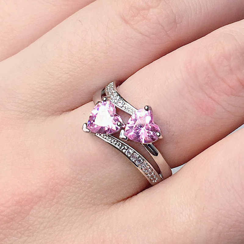 ring Women's zircon ring double heart shape 7mm 12mm diamond white gold wedding ring pink crystal solitaire ring wedding party jewelry