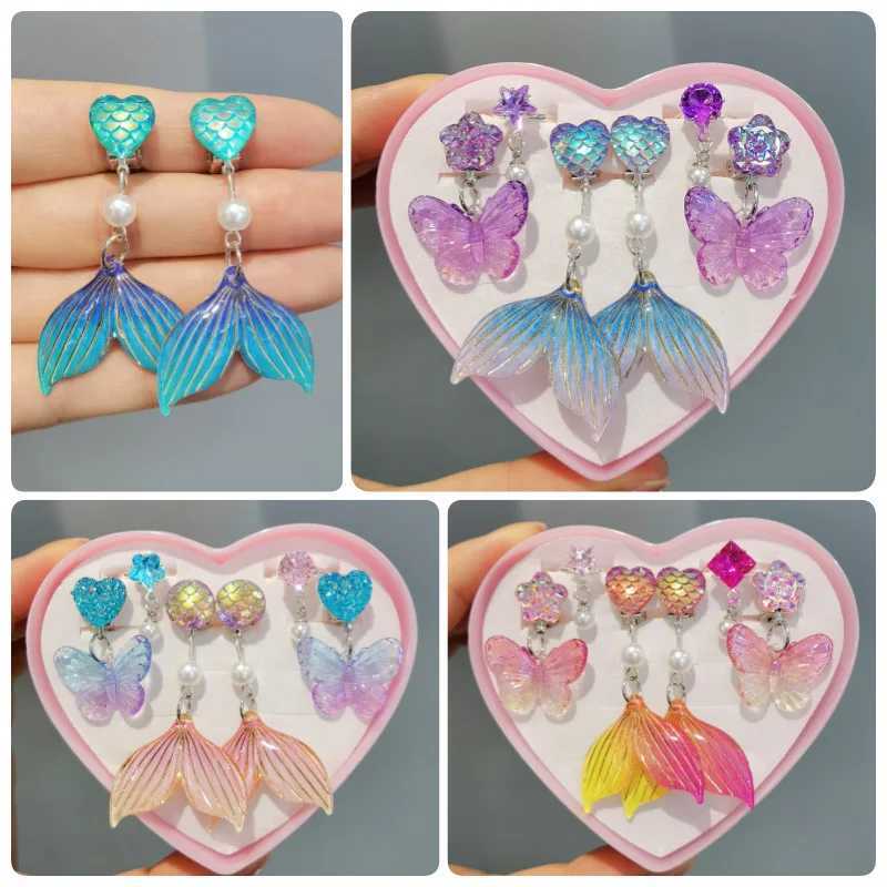 3 pairs of cute childrens ear clip earrings suitable for girls without ear holes sweet mermaid baby ear clip set W241017