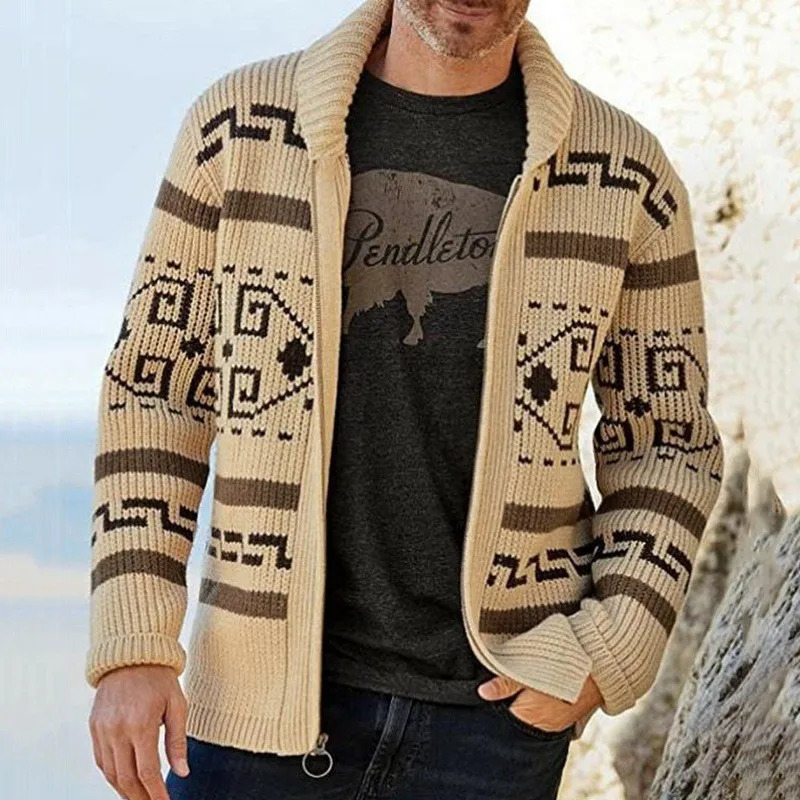 Mens Clothing Vintage Rhombus Printed Knit Zipper Cardigan Sweater Coat Long Sleeve Leisure Streetwear Knitwear 241017