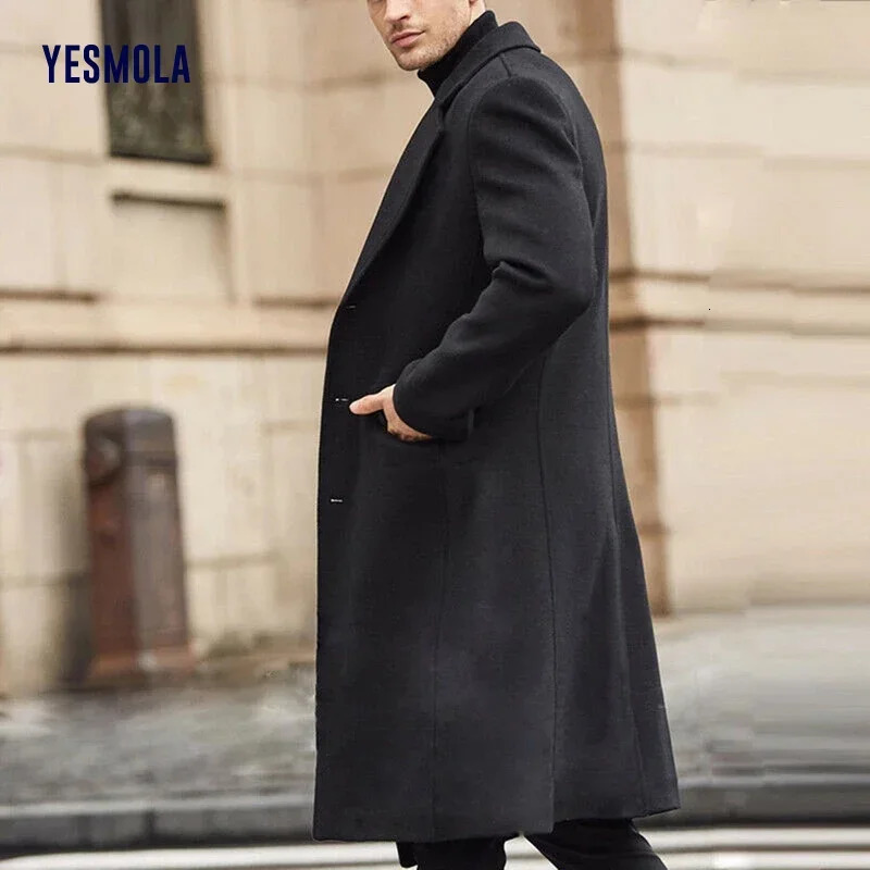 YESMOLA Autumn Winter Mens Coat Solid Long Sleeve Woolen Jackets Fleece Men Overcoat Streetwear Fashion Long Trench Outerwear 241017