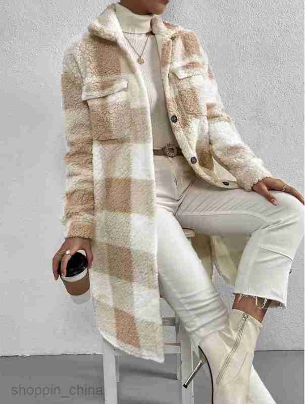 Women Jackets Coats Autumn and Winter Open Collar Plush Checkered Coat Loose Temperament Commuter Long Coat for Women