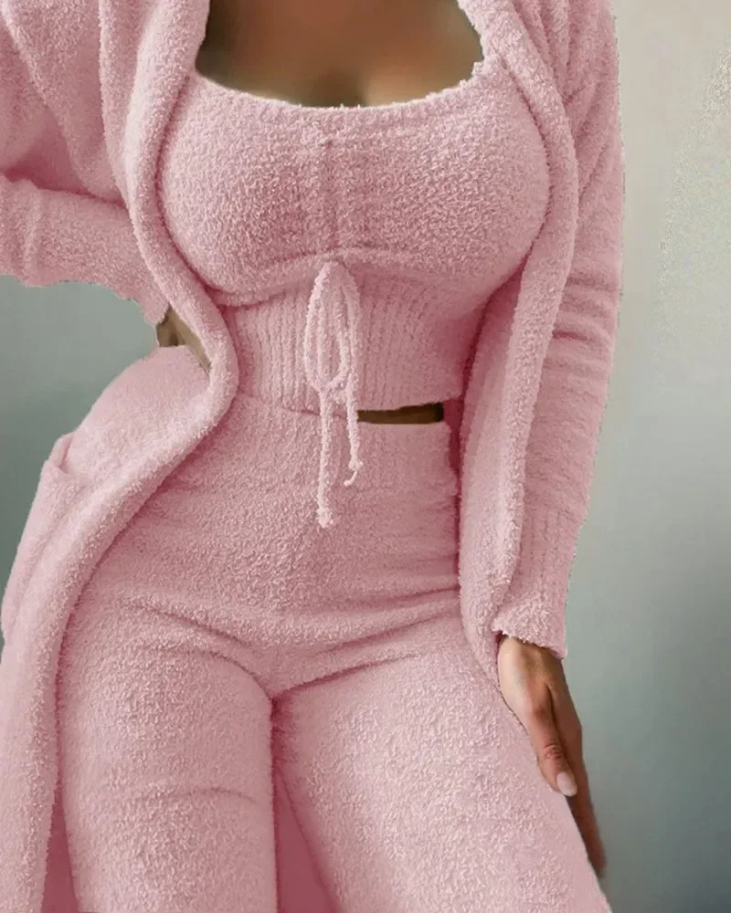2024 Autumn Winter Womens Plush Pajama Set Crop TopPantsCoat 3-Piece Set Family Clothing Matching Set Warm Pajama Pjs 241017