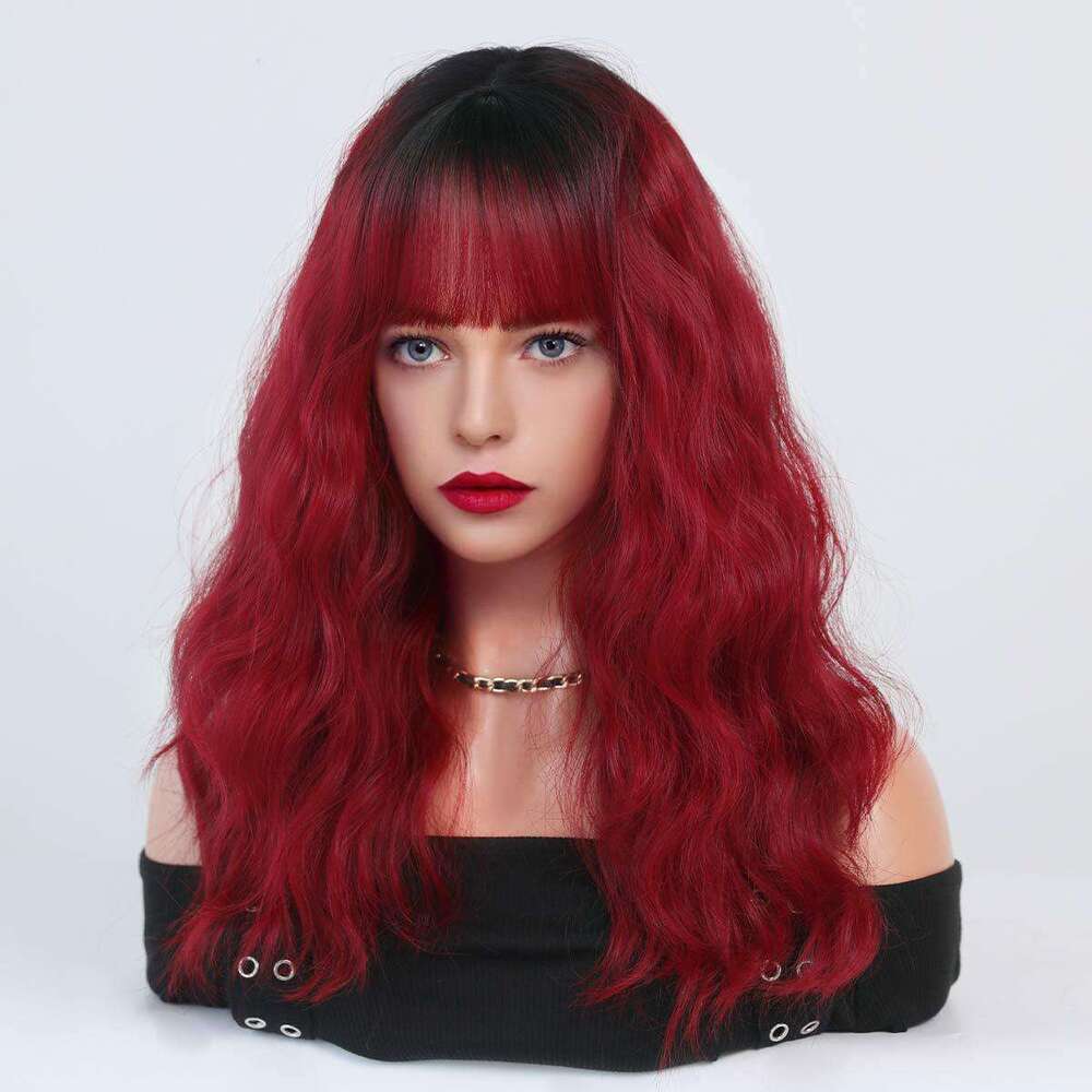 Japanese And Korean Women's Haze Blue Wave Medium Long Curly Hair High Temperature Silk Wig Set Blue Wigs