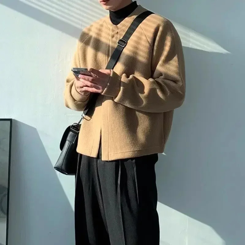 In Jackets High Quality Solid Color Clothing Deals 2024 Aesthetic Korean Fashion Knitted Cardigan Male Y2k Mens Sweaters 241017