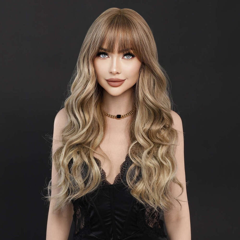 Female Wig With Air Bangs, Long Curly Hair, Hazelnut Beige Wig, Full Head Cover, Brown Wavy Wig