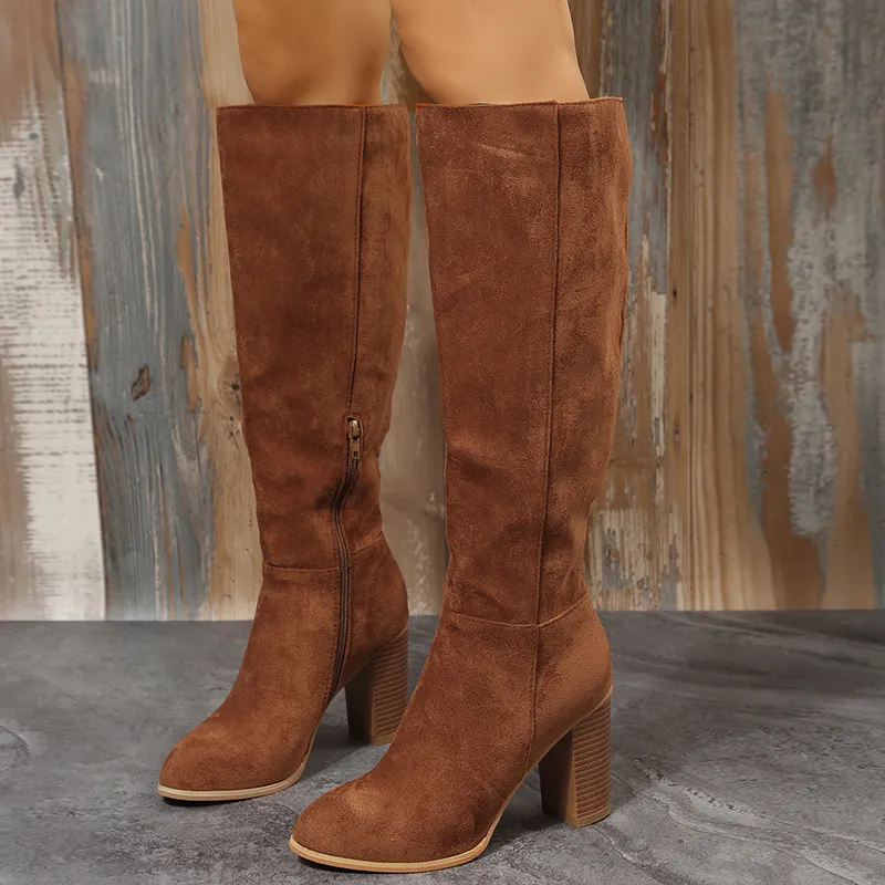 Boots Women boot Cowboy Heels Western Chunky Shoes Leather Knee High Long Elegant Designer Plus Size New Rock Pole Dance Brown 241118