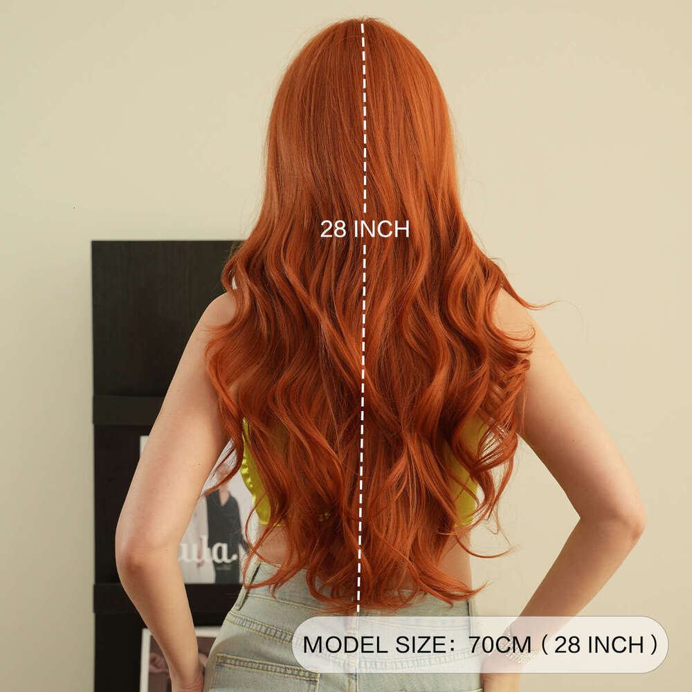 Wig Headband With Bangs, Long Curly Hair, Rose Net Synthetic Wig, Dark Orange Wigs
