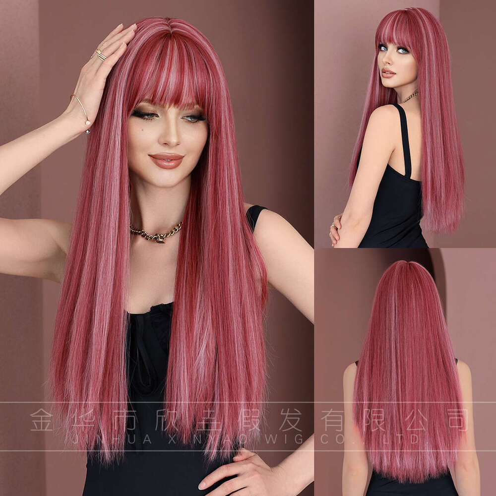 Wig Women's Long Straight Hair Pink Spot Dyed Lolita Natural Full Head Set Tik Tok Wigs