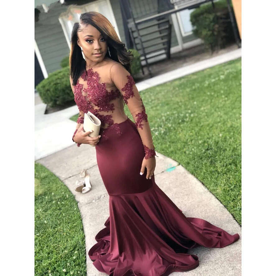Prom Dresses Mermaid Bury For Black Girls 2019 African Long Sleeves Lace Appliqued Backless Evening Party Gowns Vestidos Bc1245