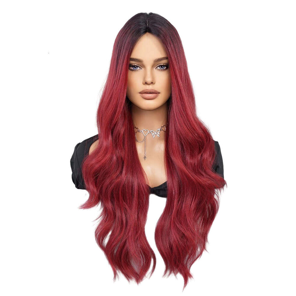 Ladies' Wig Rose Long Curly Hair Big Wave Synthetic Nized Headset Ombre Red Wigs