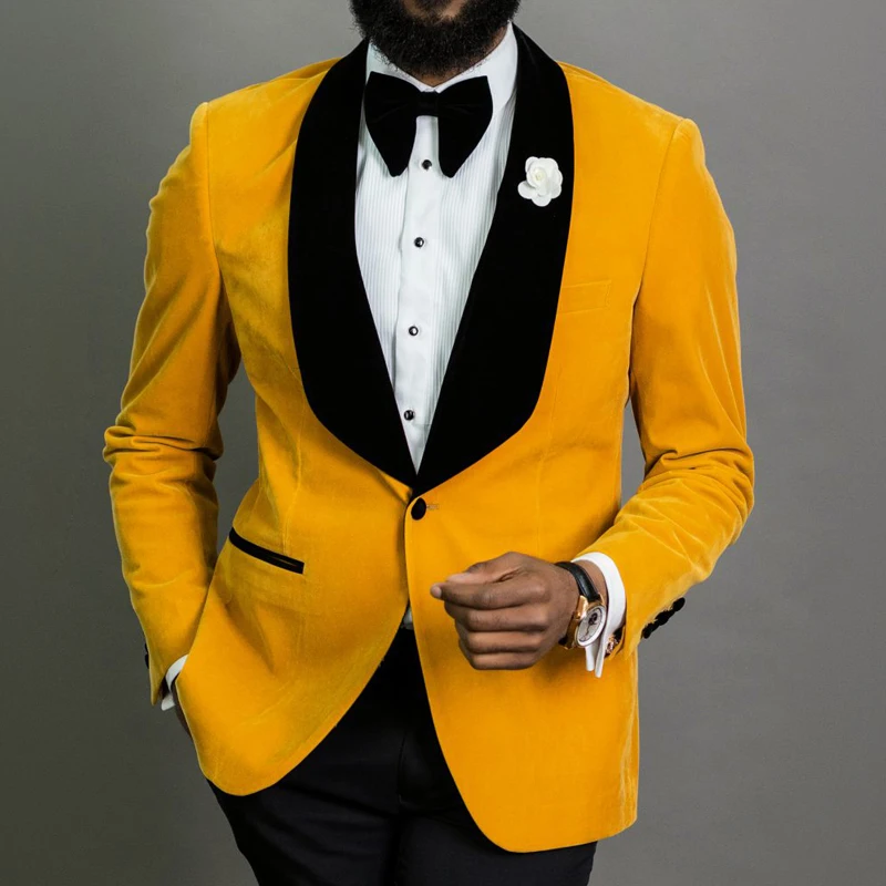 Yellow Velvet Wedding Tuxedo with Black Pants 2 Pieces Slim Fit Men Suits For Prom African Male Smoking Fashion Blazer