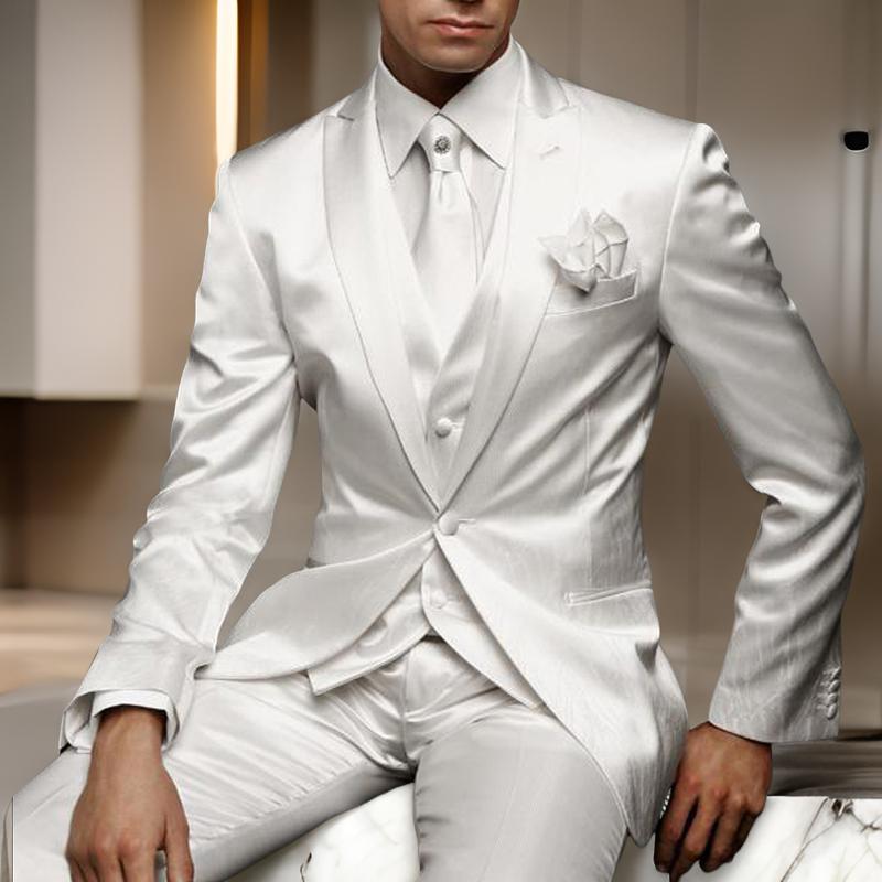 Formal Mens Suits Slim Fit For Wedding Groom Tuxedos 3 Pieces White Satin Male Fashion Costume Set Jacket With Pants Vest 2024