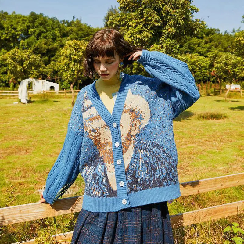 Unisex Cardigan Sweater Harajuku Van Gogh Sunflower Knitted Button Women Men Autumn Casual Loose Knit Top Green Blue 241017