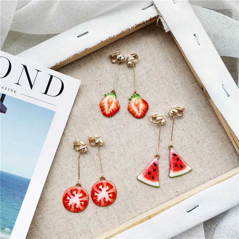 Watermelon Strawberry Fruit Long Pendant Clip Earrings Suitable for Women Holiday Girls No Ear Holes Party Jewelry No Piercing W241017