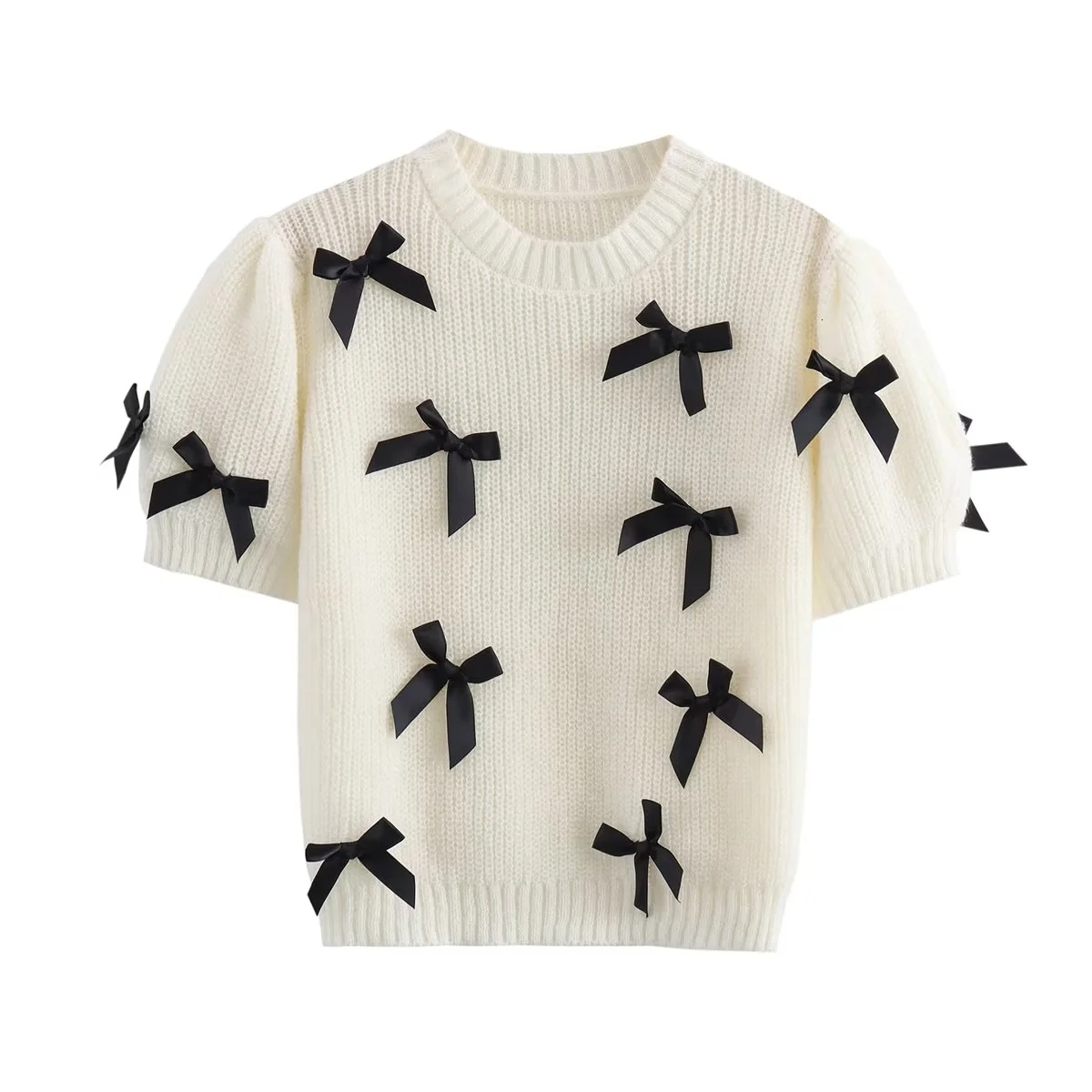 Women's Knitted Pullover Jumper Short Sleeveless Bow 2024 Knitwear Sexy Elegant Fashion Inszartrafaf Sweaters Woman Tops