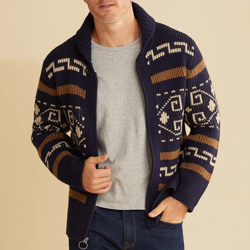 Mens Clothing Vintage Rhombus Printed Knit Zipper Cardigan Sweater Coat Long Sleeve Leisure Streetwear Knitwear 241017