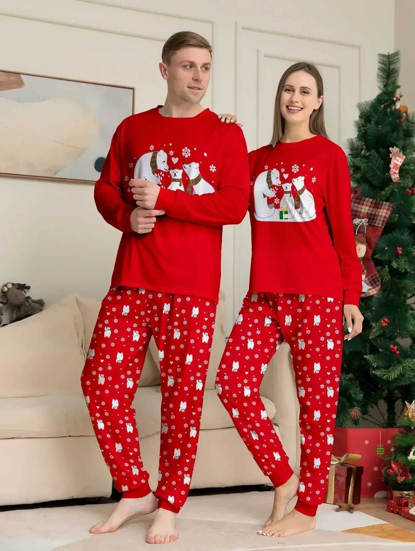Bear Print Pajama Set Christmas Mom Set Night Dress Pajama Casual Set Christmas Family Clothing Christmas Pajama W241015