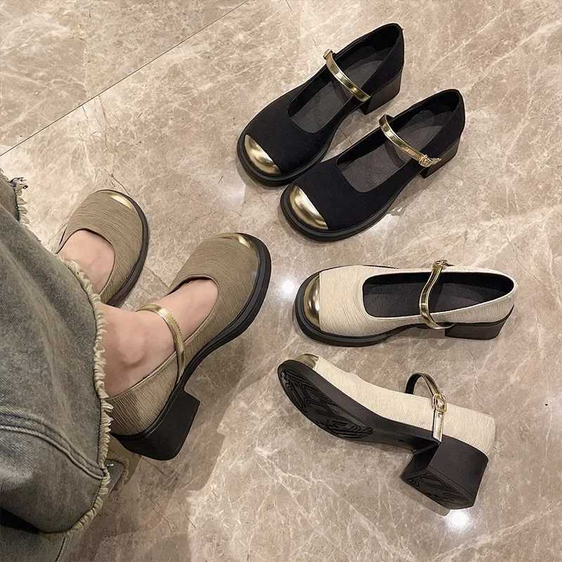 2024 New High Heels Mary Simple Shoes Fashion Metal Round Toe Womens Shoes Retro Thick High Heels Ballet Shoes Shallow Pump Y241017