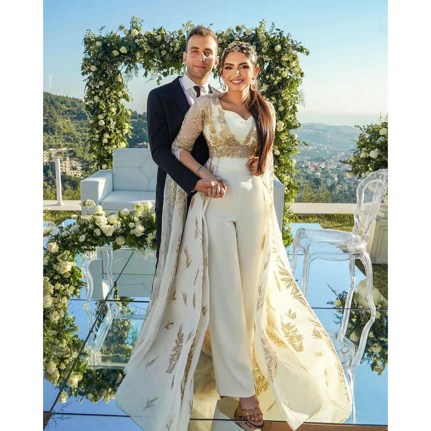 Dresses Sparkly Overskirt Wedding With Pants Bridal Gowns Long Sleeves Jumpsuits Sweetheart Necke Sequined Satin Arabic Vestido De Custom Made