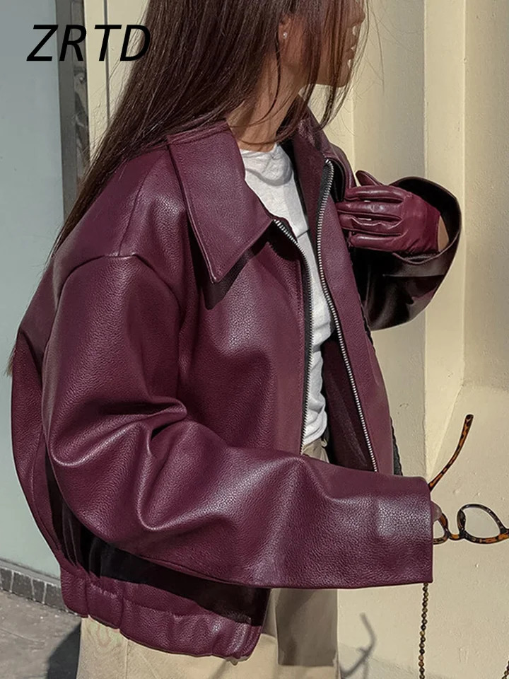 Elegant Burgundy Faux Leather Jacket Fashion Lapel Zipper Long Sleeve Female Coats 2024 Autumn Winter Lady Street Outwear 241007Z