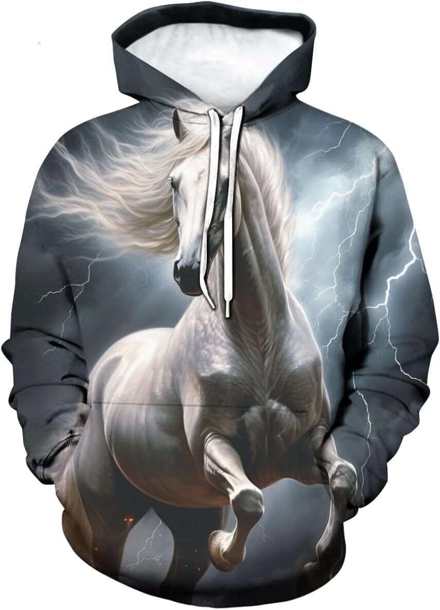 Hoodie for Mens Womens Unisex Funny White Horse Lightning Hoodies 3D Novelty Pattern Printed Graphic Hoodies sweatshirt Pullover Long Sleeve
