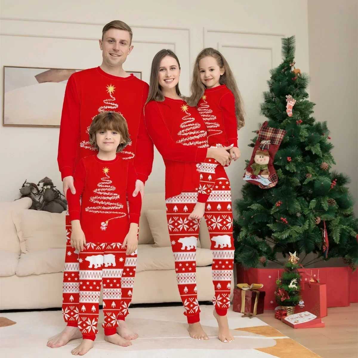 Bear Print Pajama Set Christmas Mom Set Night Dress Pajama Casual Set Christmas Family Clothing Christmas Pajama W241015