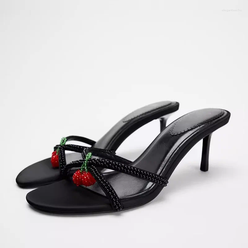 Dress Shoes Cute Cherry Decorate Black High Heel Slippers Women Round Head Open Toe Stilettos Sweet Pump Sandals Shoe For Woman