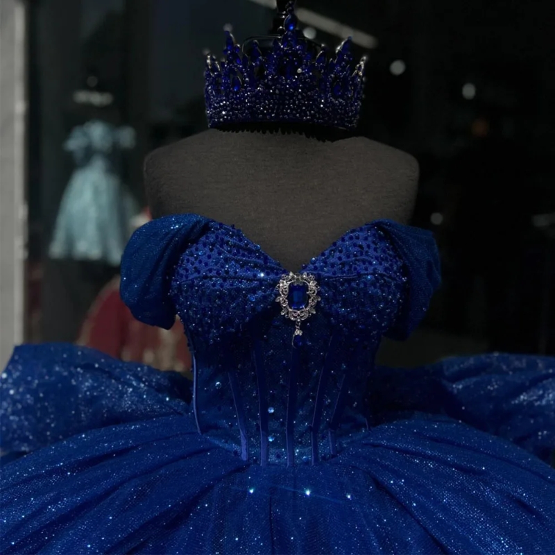 Luxury Royal Blue Shiny Quinceanera Dresses Beads Crystal Tull Birthday Party Ball Gown Vestidos de 15 anos Corset Sweet 16 Dress