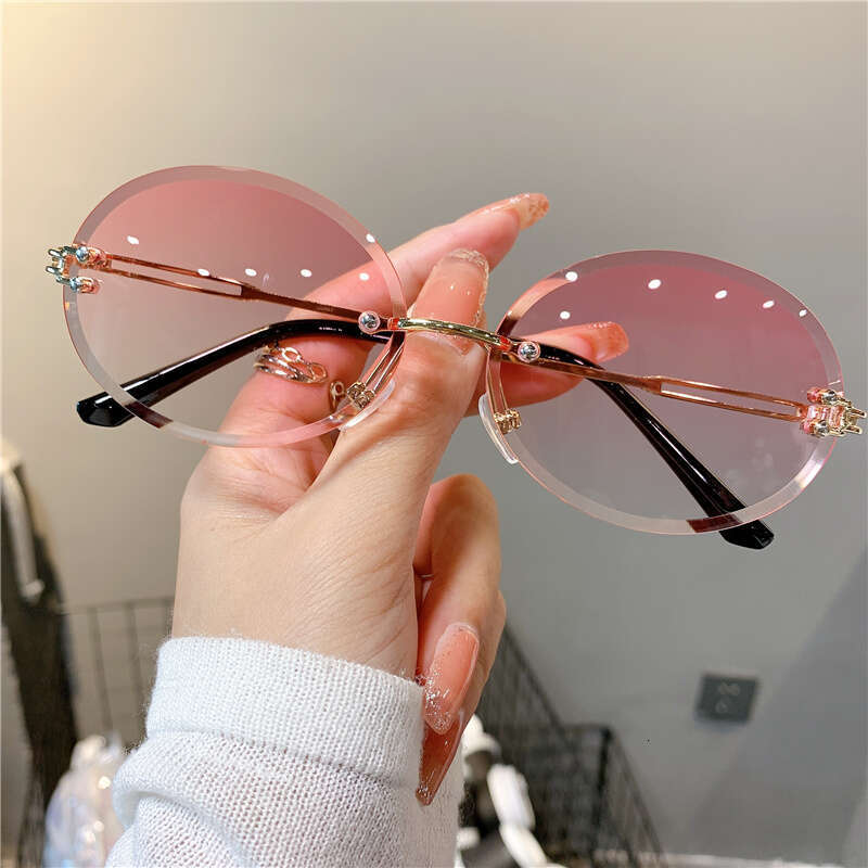 For Trendy Woman Sunglasses Summer Rimless Cut-edge Sunglass Oval Fashion Brand Designer Shades Pink Women's Sun Glasses UV400