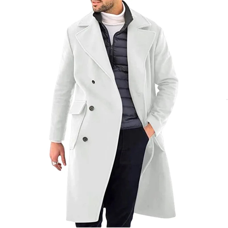 Male Solid White Khaki Black England Style Woolen Pocket Overcoat Men Thick Long Coat Casual Winter Fashion Business Warm Jacket 241017