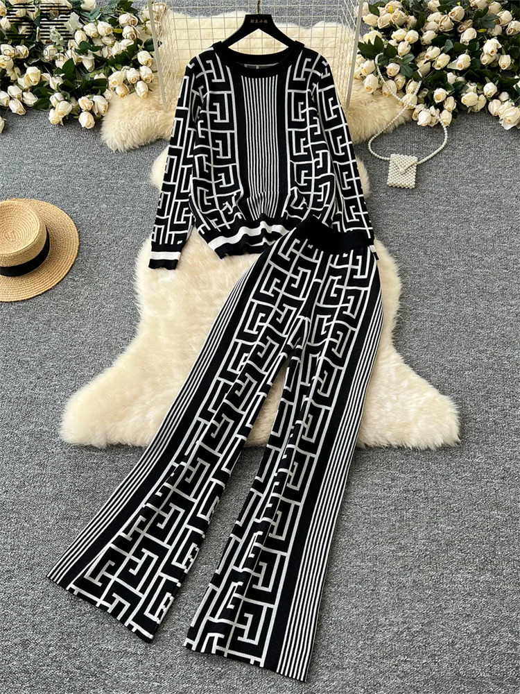 SINGREENY Geometric Maze Printed Two Piece Autumn/Winter O-neck SweaterPants Womens Casual Fashion Knitted Set 241017