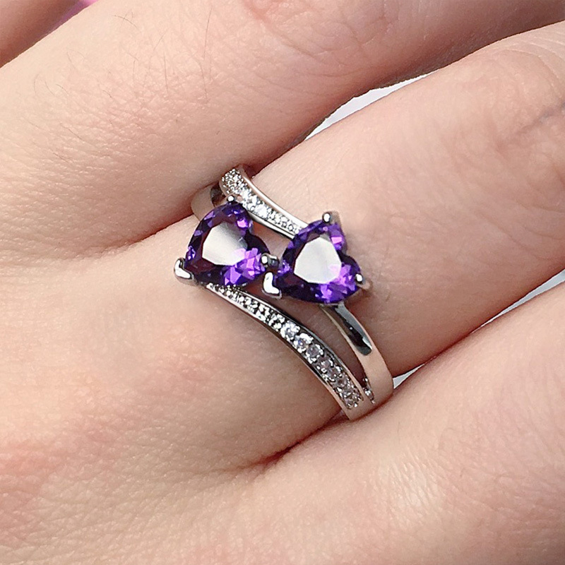 ring Women's zircon ring double heart shape 7mm 12mm diamond white gold wedding ring pink crystal solitaire ring wedding party jewelry