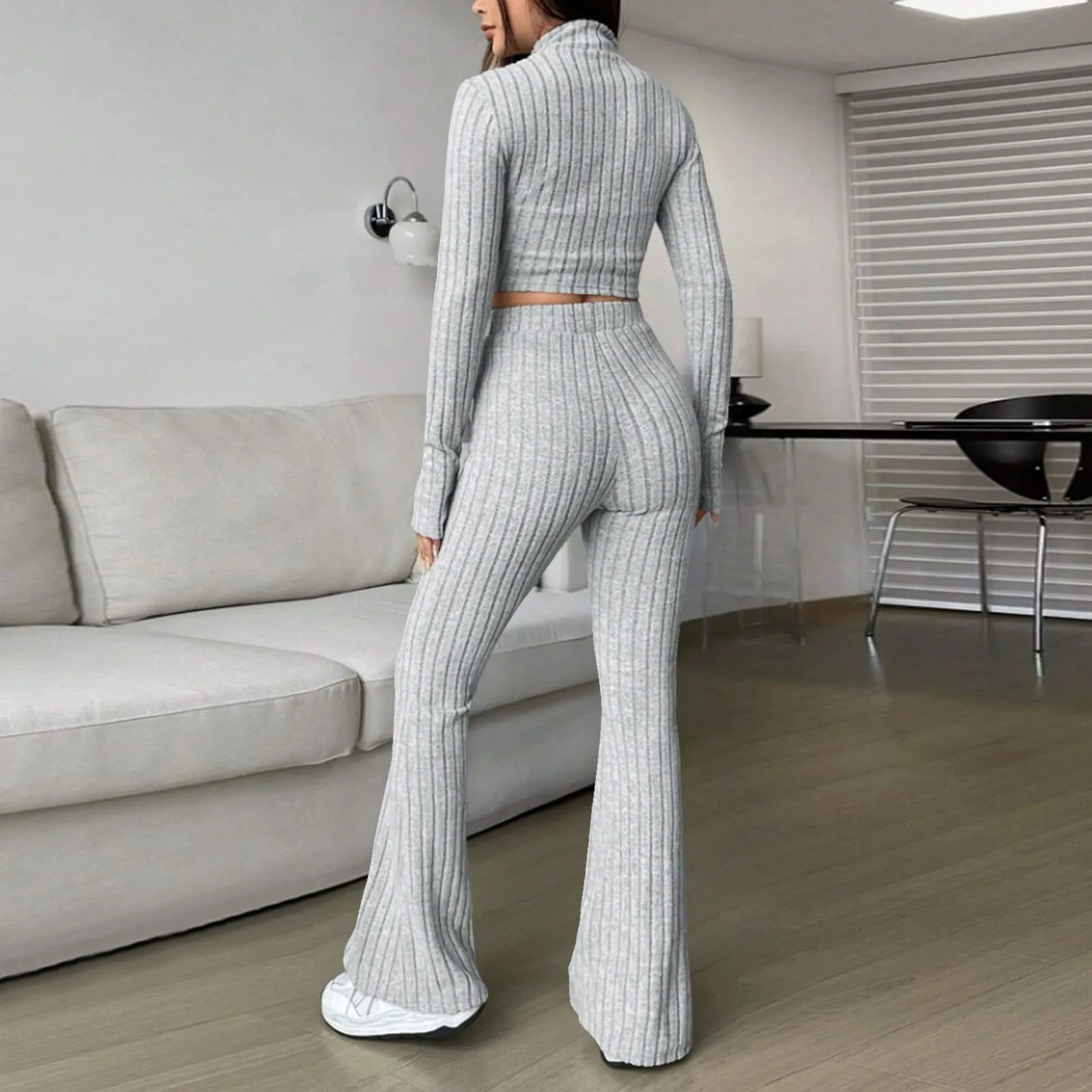 2024 Autumn Womem Knitted Warm 2 Piece Outfits Korean Turtleneck Sweater Top Slim Flared Pants Sets Lady Clothing 241017